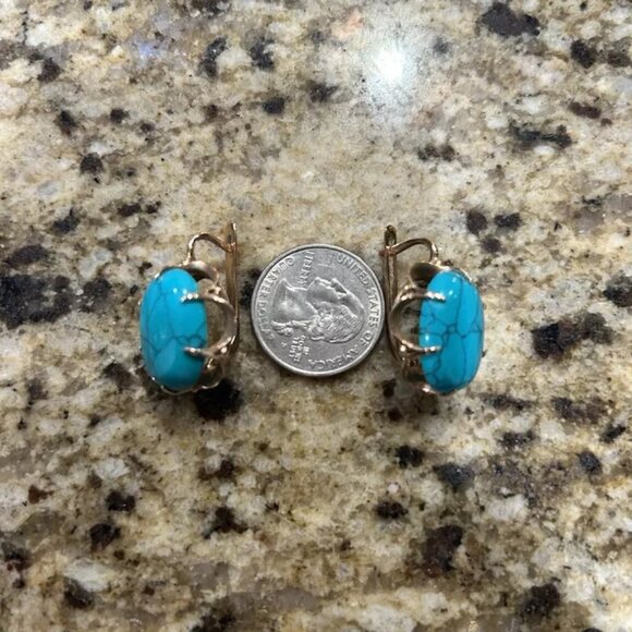 LARGE Russian Russia 14K Rose Pink Gold Turquoise Cabochon Pierced Earrings - Picture 15 of 15